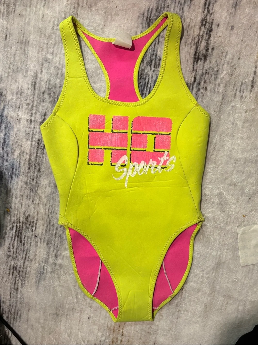 80s VINTAGE (bought dead stock) Neoprene Neon Green & Pink One-Piece Swimsuit